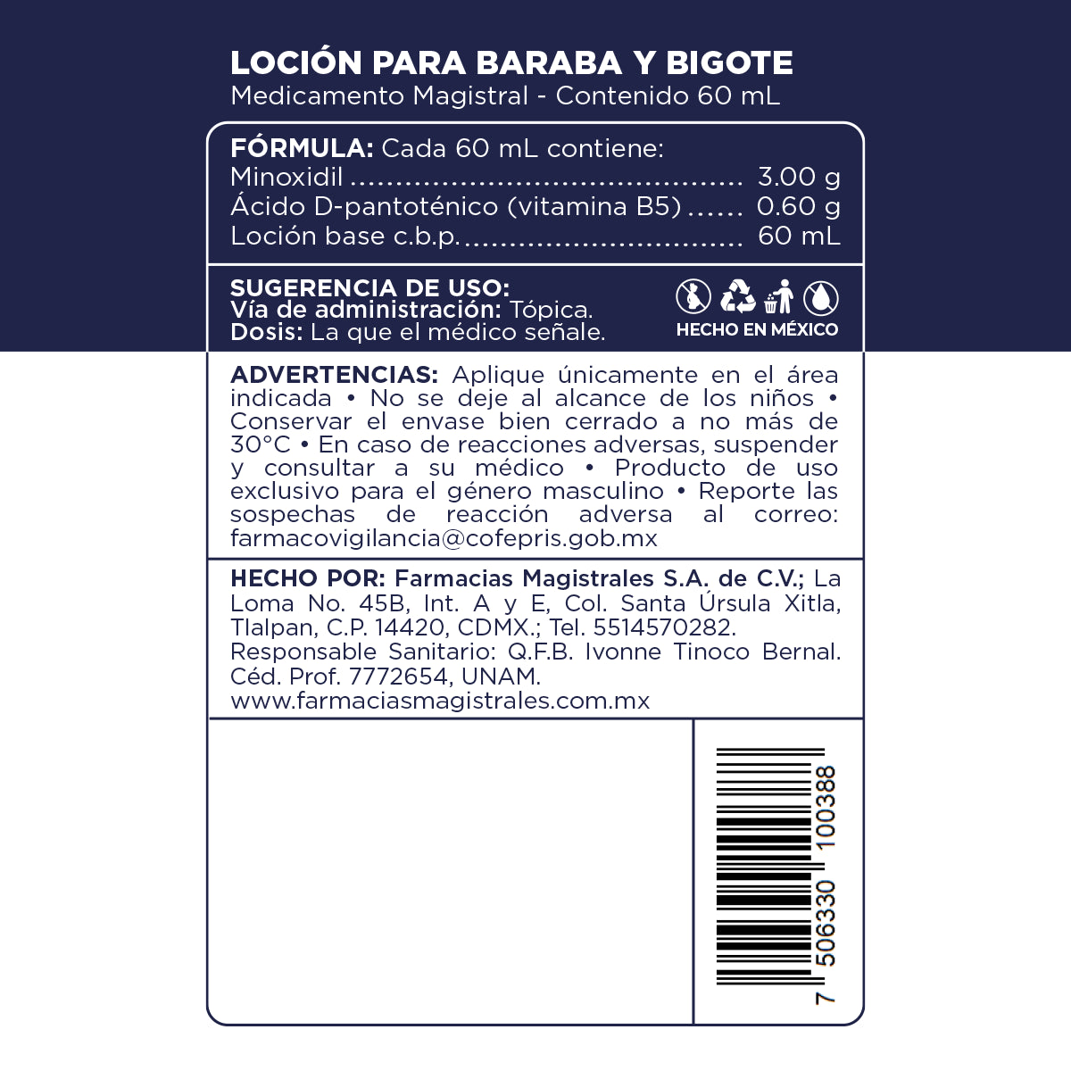 Fórmula, ingredientes, modo de uso y precauciones de la Loción Barba y Bigote de Farmacias Magistrales fabricada en México.