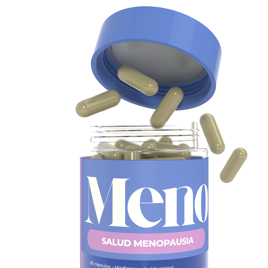 Cápsulas del suplemento MENO Salud Menopausia de Aurah Pharma para apoyo hormonal femenino durante la menopausia
