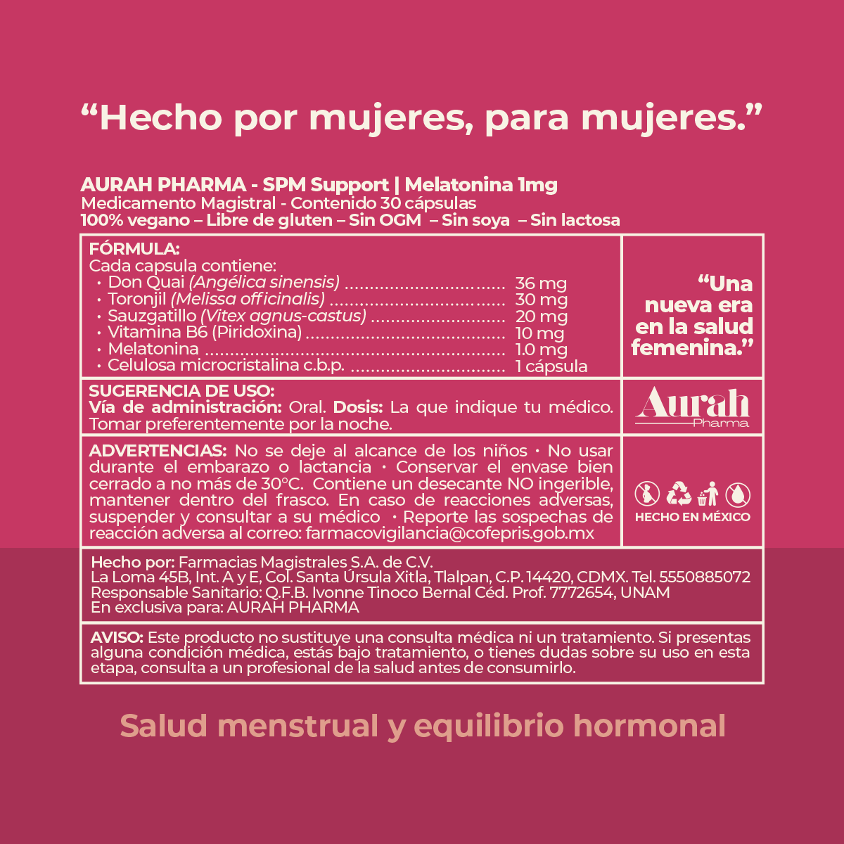 Información de fórmula y beneficios del suplemento SPM Balance Menstrual de Aurah Pharma para apoyo hormonal femenino