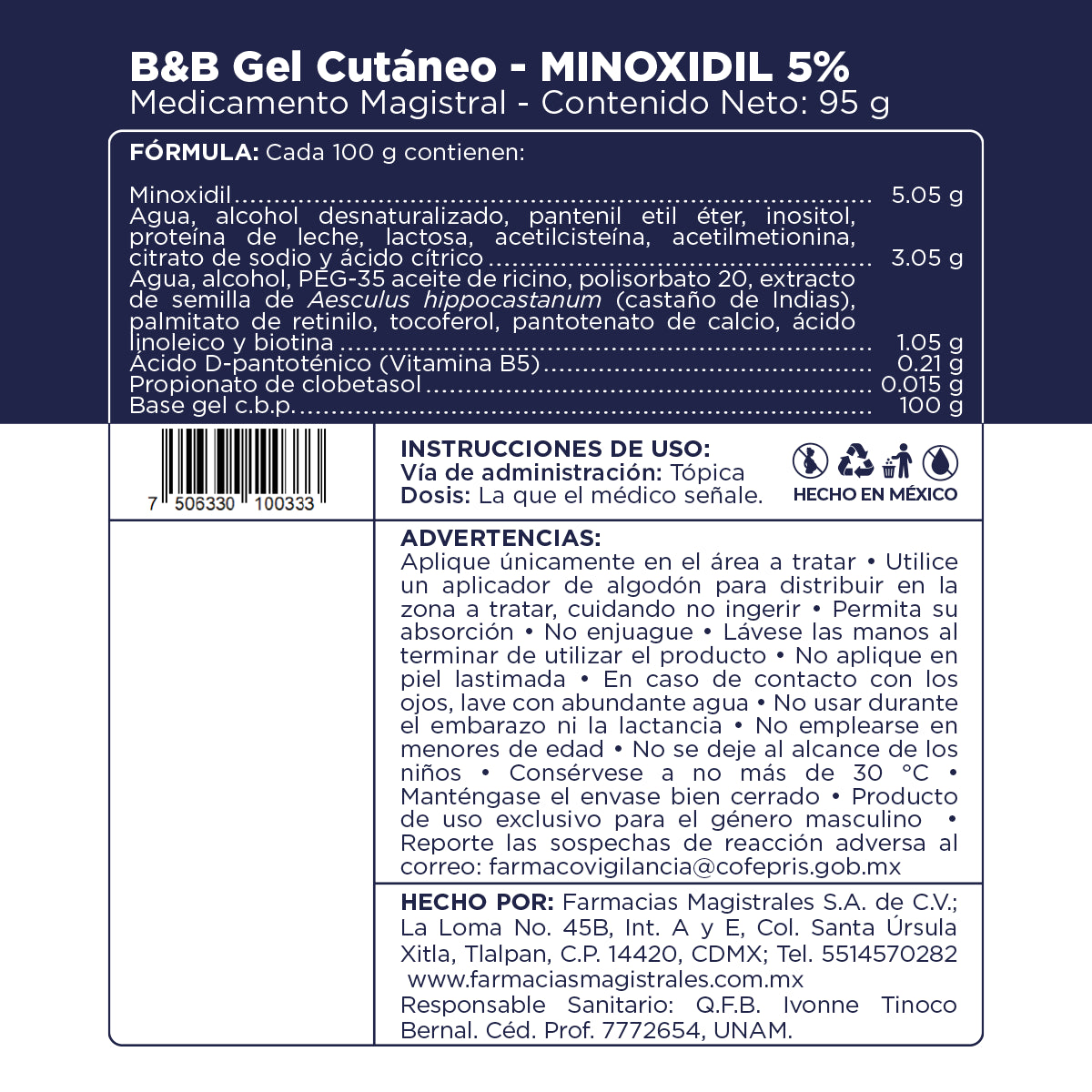 Información de fórmula, modo de uso y precauciones del B&B Gel Cutáneo de Farmacias Magistrales fabricado en México.
