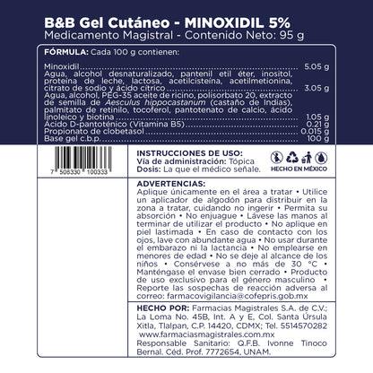 Información de fórmula, modo de uso y precauciones del B&B Gel Cutáneo de Farmacias Magistrales fabricado en México.