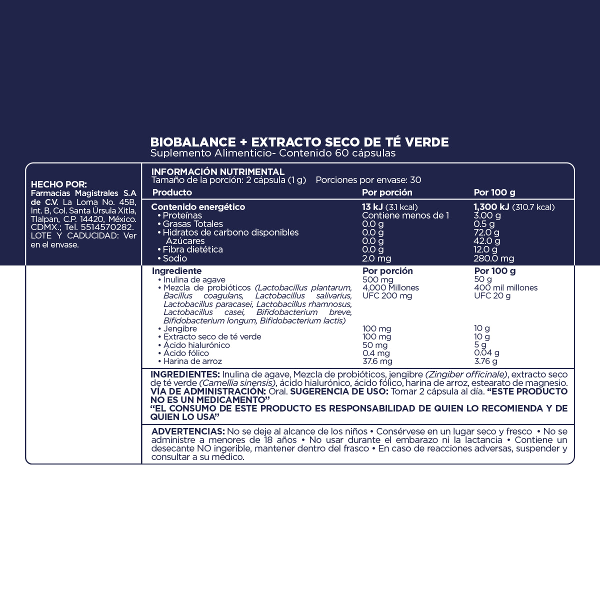 Fórmula, ingredientes, modo de uso y precauciones de BioBalance de Farmacias Magistrales fabricado en México.