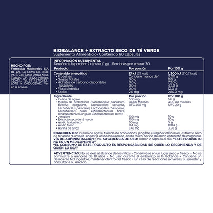Fórmula, ingredientes, modo de uso y precauciones de BioBalance de Farmacias Magistrales fabricado en México.