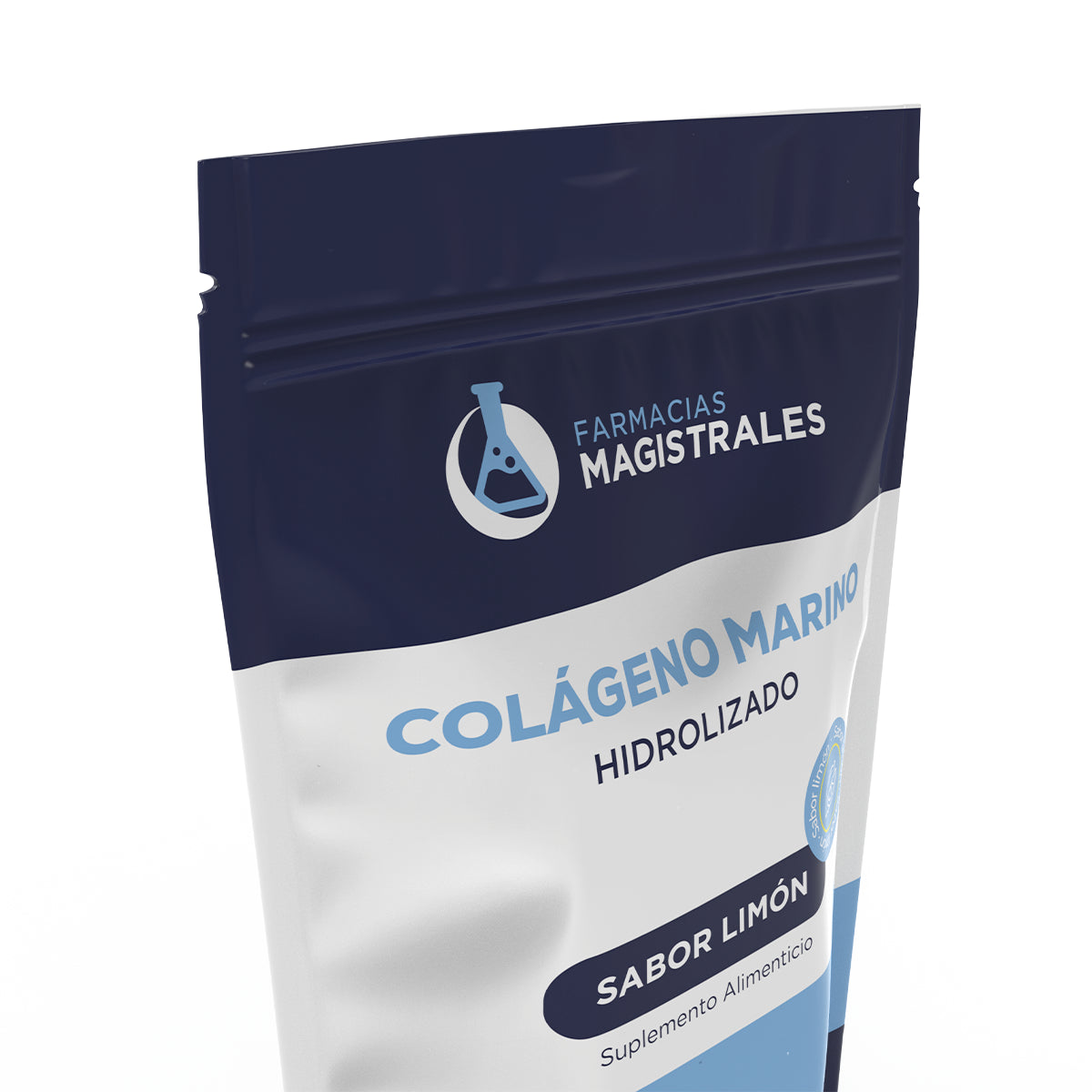 Close up de colágeno marino hidrolizado Farmacias Magistrales sabor limón en empaque premium