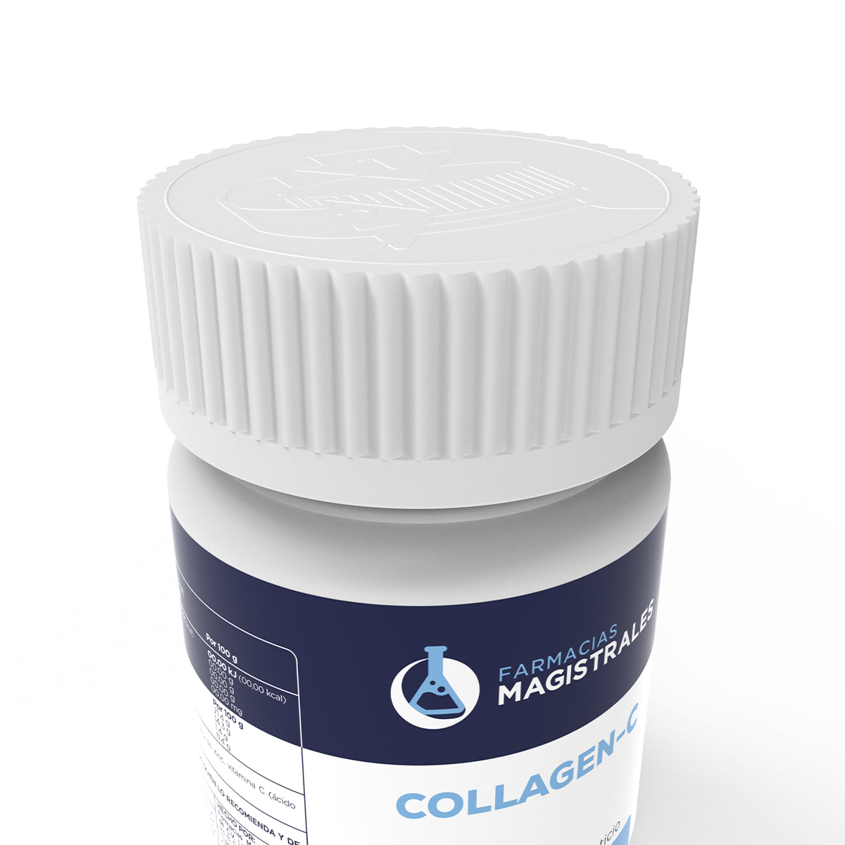 Detalle superior del envase de Collagen-C suplemento alimenticio de Farmacias Magistrales