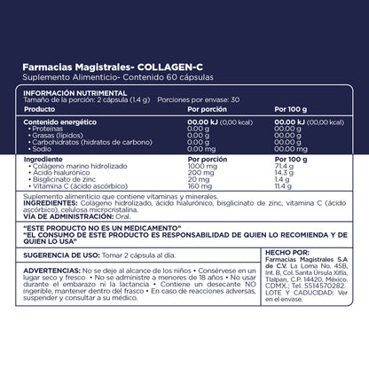 Fórmula, ingredientes, modo de uso y precauciones de Collagen C de Farmacias Magistrales fabricado en México.