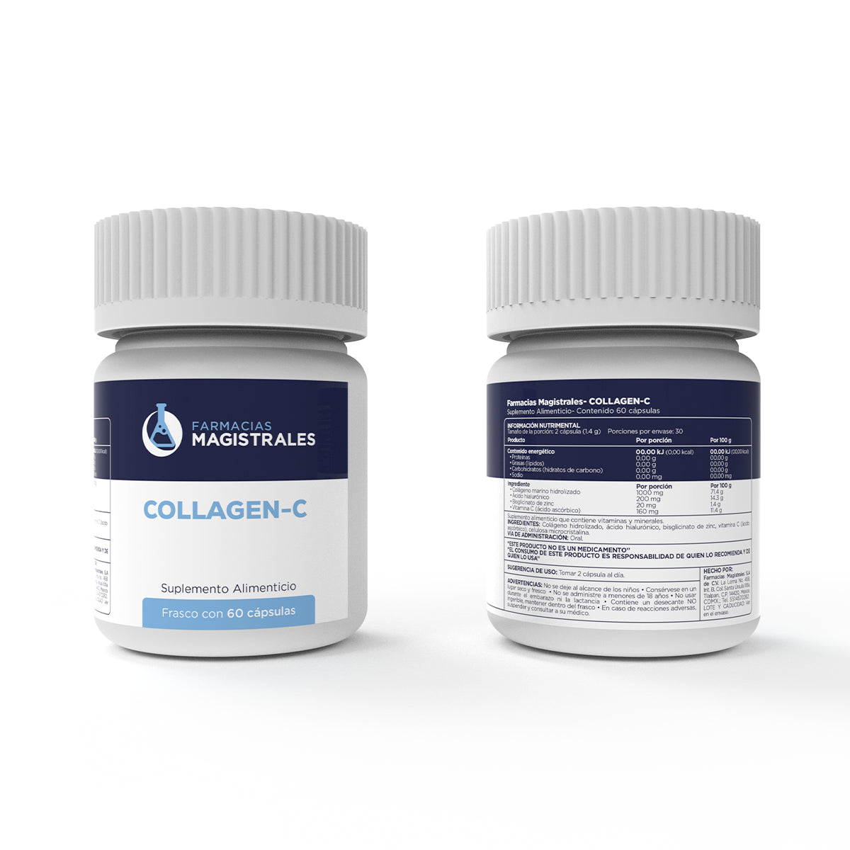 Vista frontal y posterior de Collagen-C suplemento alimenticio con información nutrimental y presentación premium