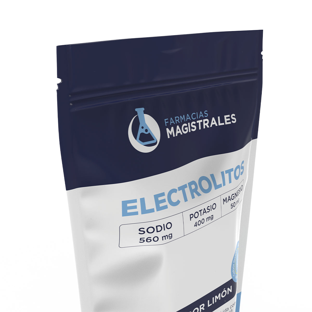 Close up de electrolitos Farmacias Magistrales sabor limón con detalle de fórmula de sodio potasio y magnesio