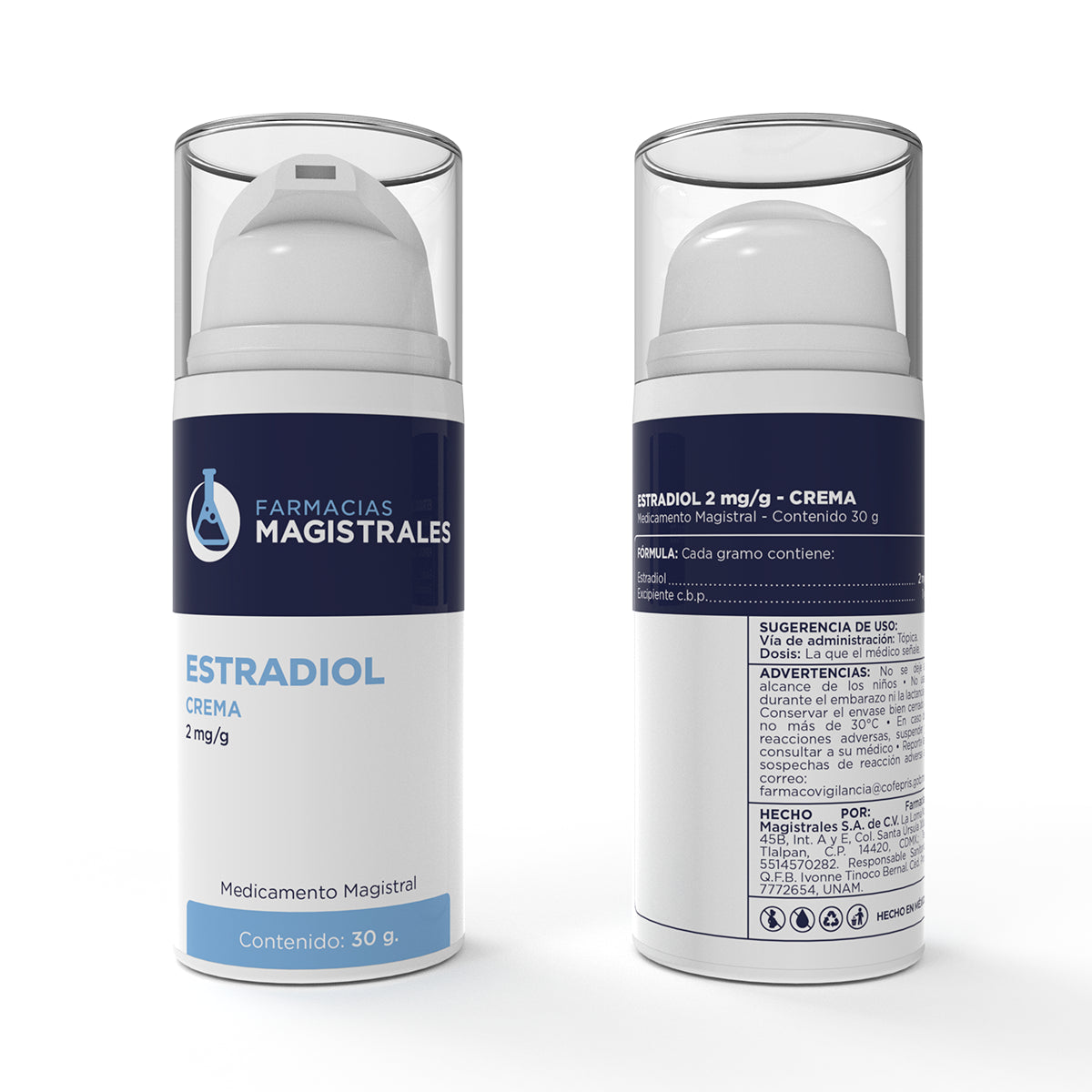 Vista frontal y posterior de crema de estradiol 2 mg/g de Farmacias Magistrales