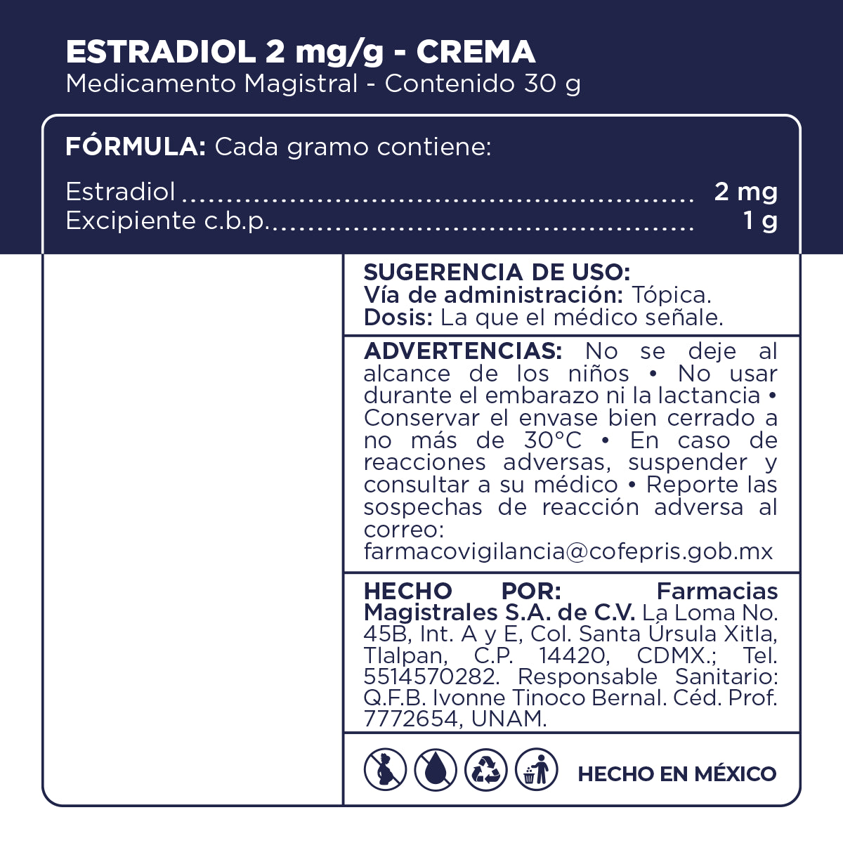 Fórmula, modo de uso y precauciones de Estradiol en Crema de Farmacias Magistrales fabricada en México.