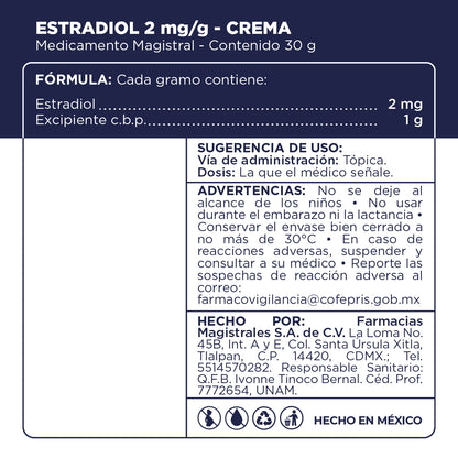 Fórmula, modo de uso y precauciones de Estradiol en Crema de Farmacias Magistrales fabricada en México.