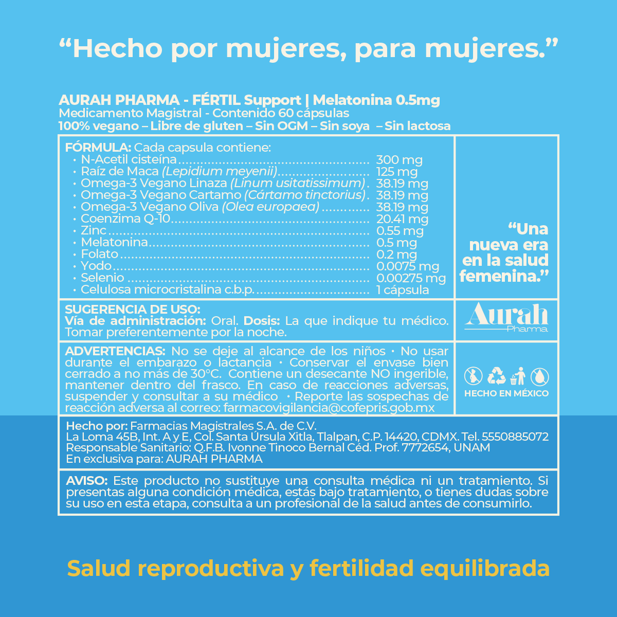 Información nutrimental y fórmula del suplemento FÉRTIL Support de Aurah Pharma para salud reproductiva y equilibrio hormonal femenino