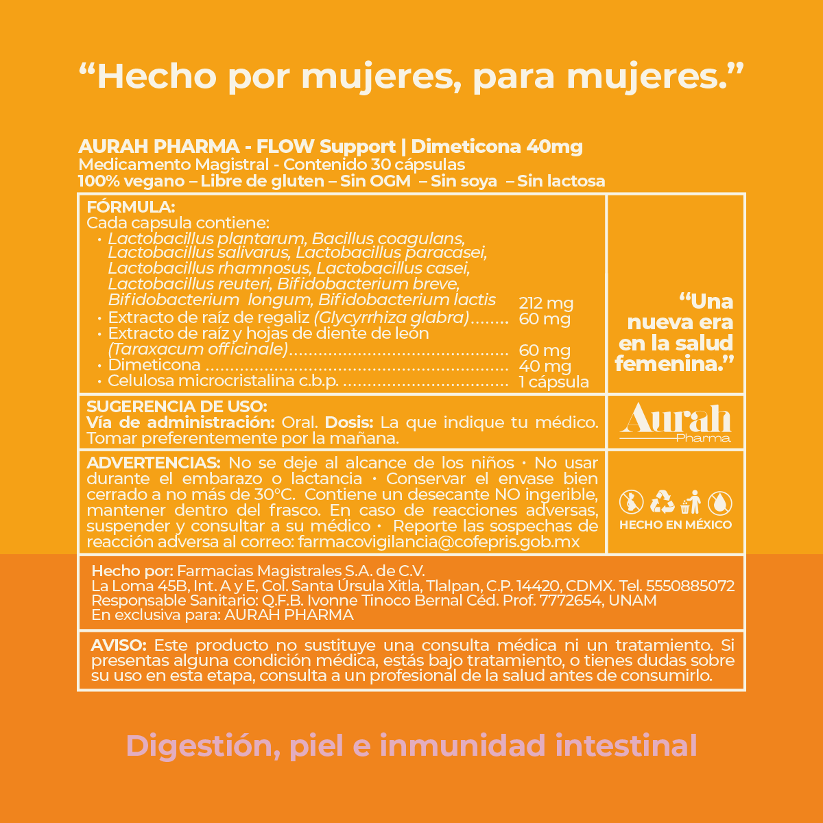 Fórmula nutrimental de FLOW+ con prebióticos, probióticos y soporte digestivo femenino de Aurah Pharma