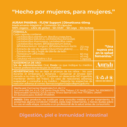 Fórmula nutrimental de FLOW+ con prebióticos, probióticos y soporte digestivo femenino de Aurah Pharma