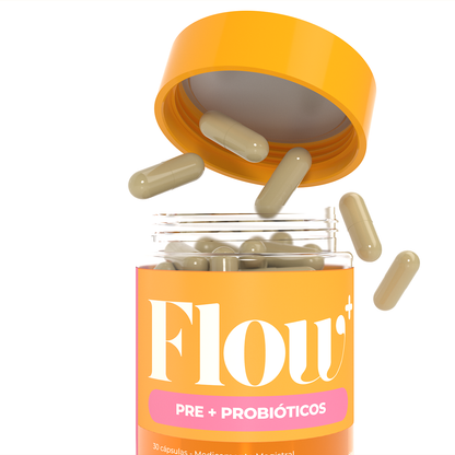 Cápsulas del suplemento FLOW+ con prebióticos y probióticos para salud digestiva femenina de Aurah Pharma