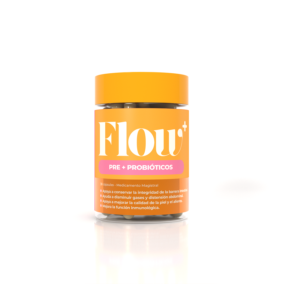 Suplemento FLOW+ con prebióticos y probióticos para salud digestiva, microbiota intestinal y bienestar femenino de Aurah Pharma