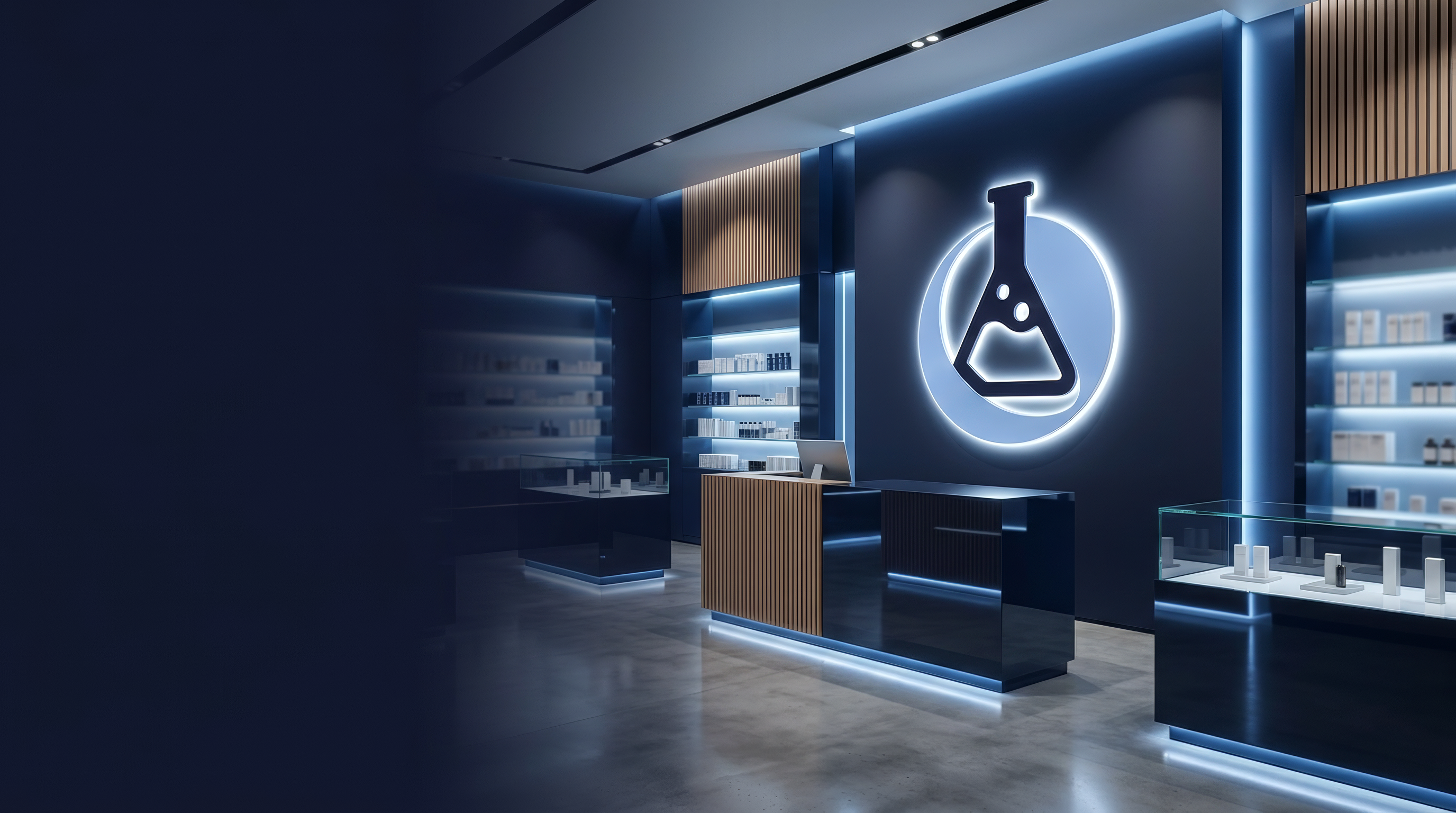 Interior moderno de franquicia farmacéutica especializada de Farmacias Magistrales, con imagen profesional, iluminación azul y enfoque premium para inversionistas.
