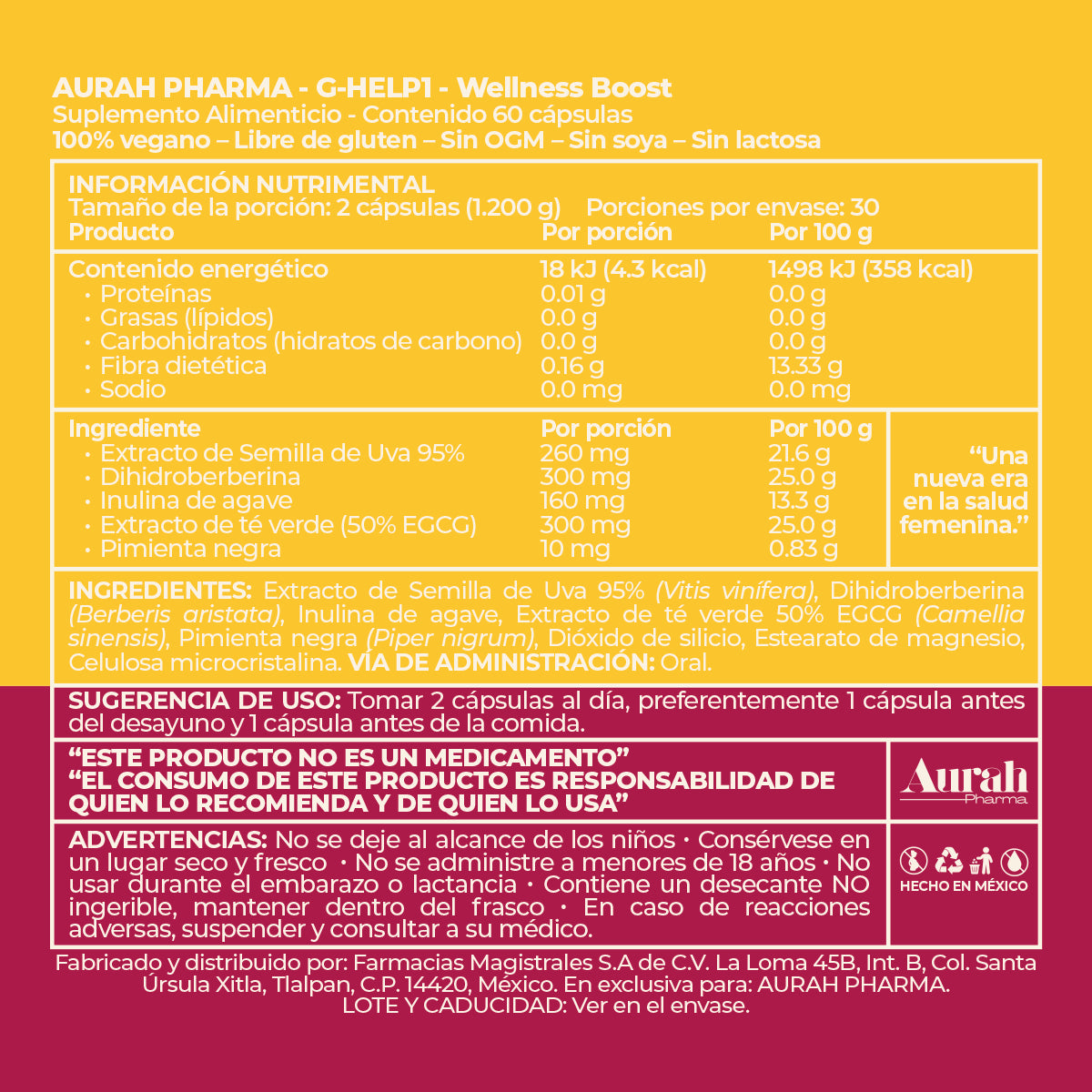 Fórmula, ingredientes, información nutricional, modo de uso y advertencias de G-Help1 Wellness Boost de Aurah Pharma.