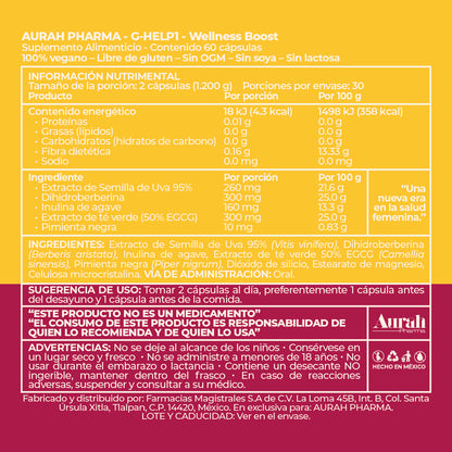 Fórmula, ingredientes, información nutricional, modo de uso y advertencias de G-Help1 Wellness Boost de Aurah Pharma.