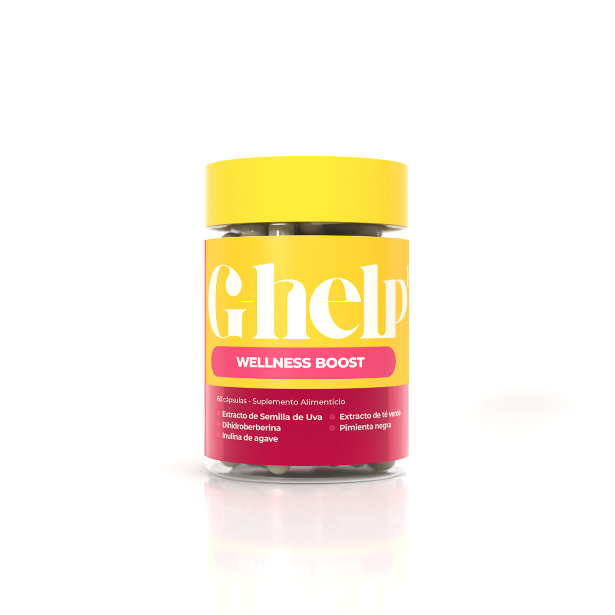 G-Help1 Wellness Boost de Aurah Pharma, suplemento alimenticio con extracto de semilla de uva, dihidroberberina, inulina de agave, té verde y pimienta negra.