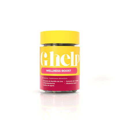 G-Help1 Wellness Boost de Aurah Pharma, suplemento alimenticio con extracto de semilla de uva, dihidroberberina, inulina de agave, té verde y pimienta negra.