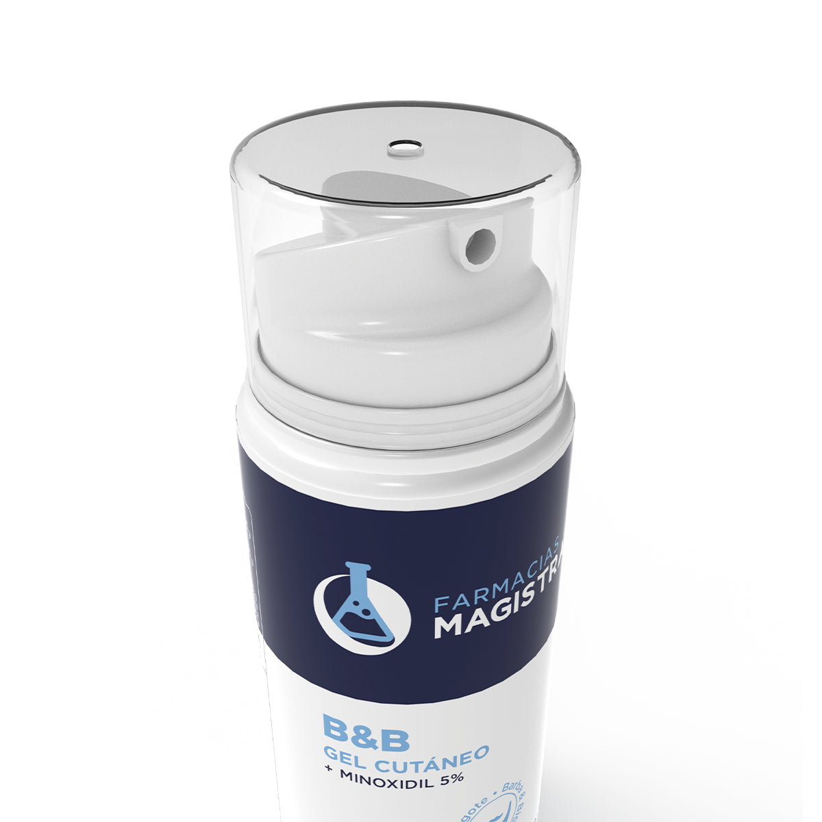 Detalle del dispensador airless de gel cutáneo para barba y bigote con Minoxidil 5% de Farmacias Magistrales