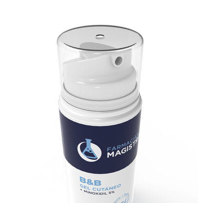 Detalle del dispensador airless de gel cutáneo para barba y bigote con Minoxidil 5% de Farmacias Magistrales