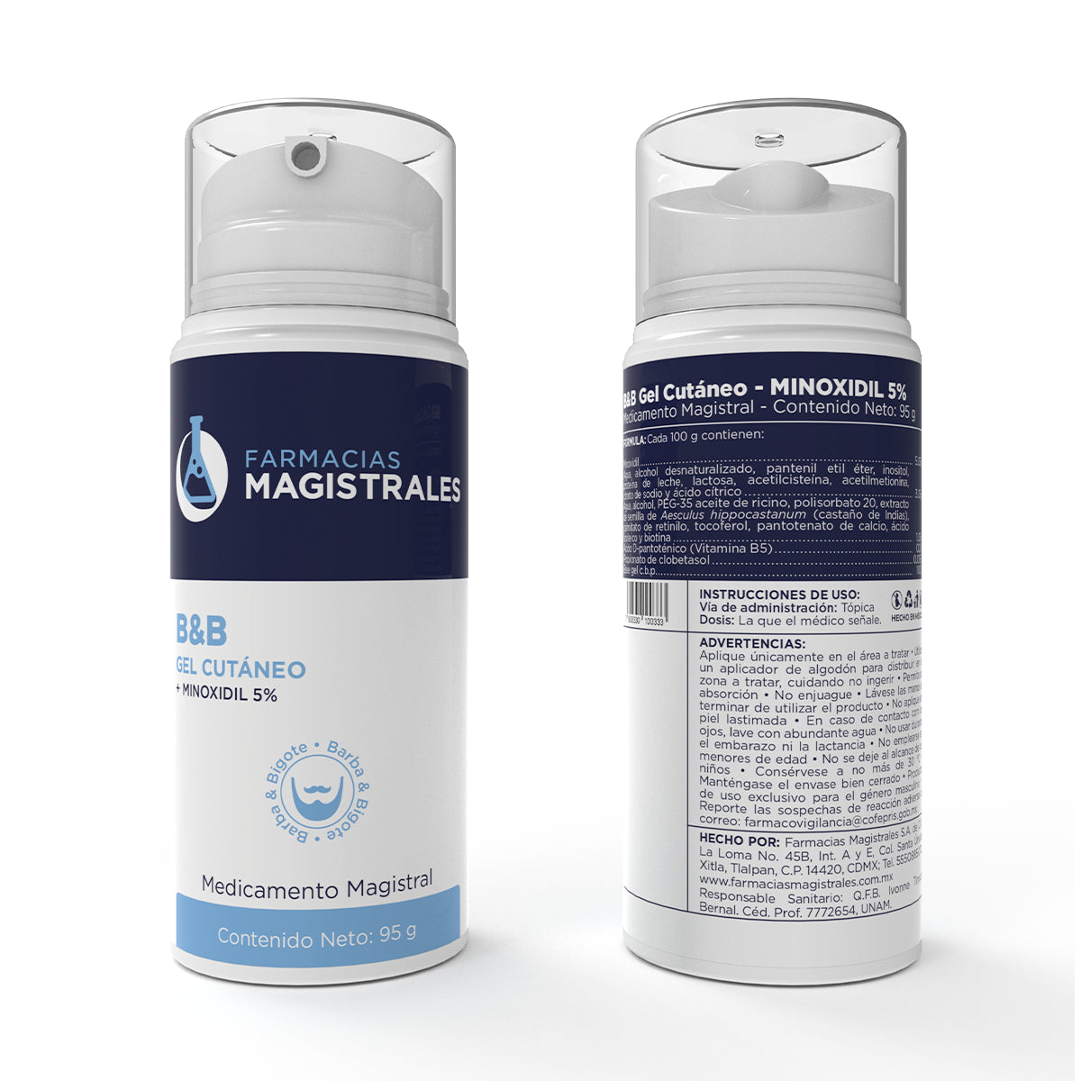 Vista frontal y posterior de gel cutáneo para barba y bigote con Minoxidil 5% de Farmacias Magistrales