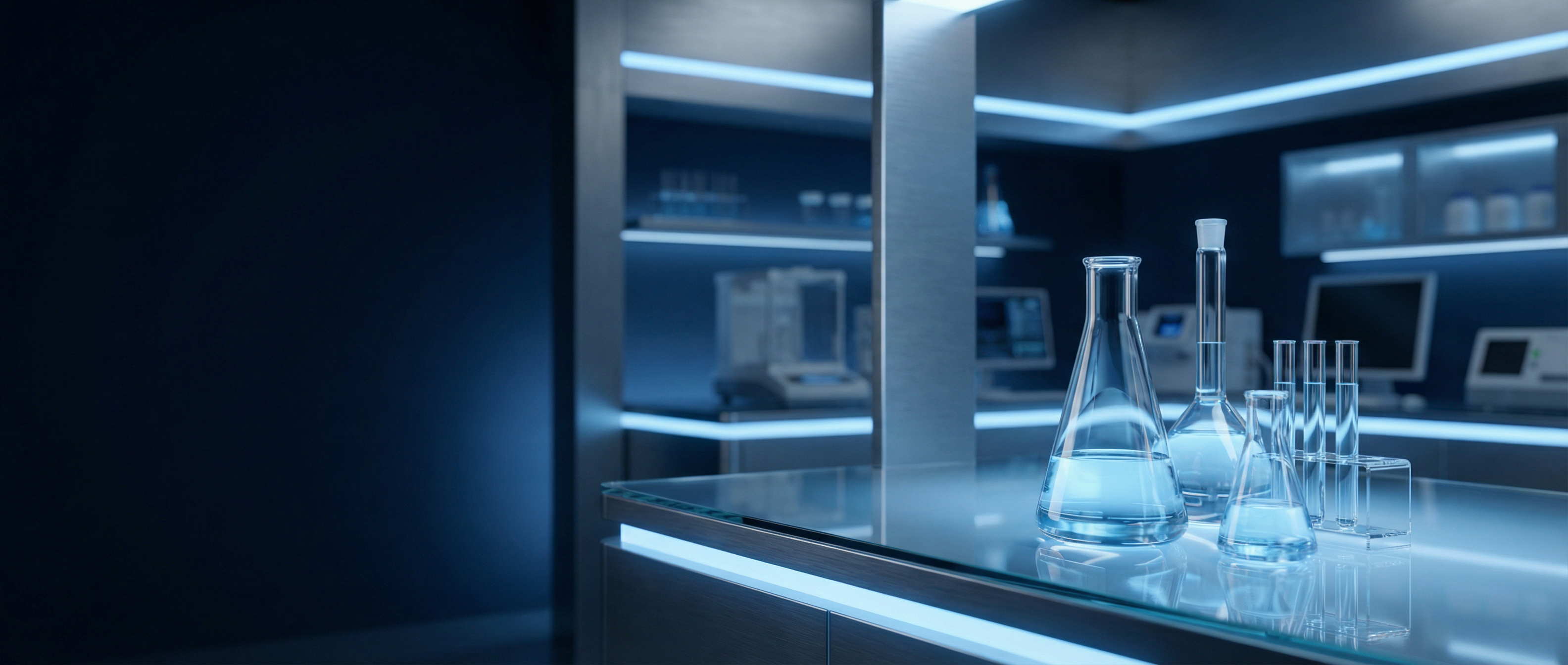 laboratorio farmacéutico tecnológico en méxico con matraces y probetas de vidrio en ambiente azul premium que transmite precisión científica e innovación en formulación magistral