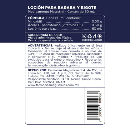 Fórmula, ingredientes, modo de uso y precauciones de la Loción Barba y Bigote de Farmacias Magistrales fabricada en México.