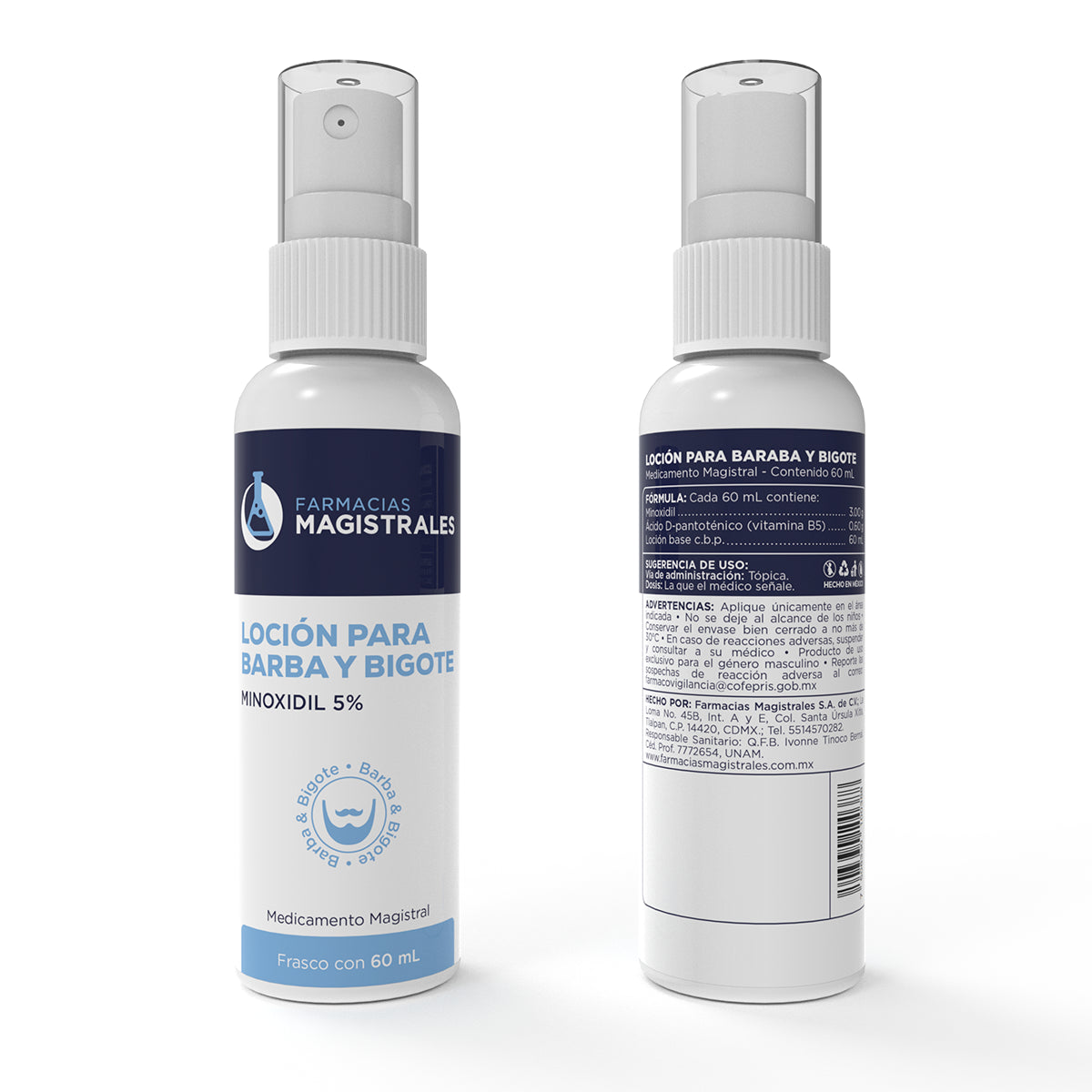 Vista frontal y posterior de loción para barba y bigote con Minoxidil 5% de Farmacias Magistrales