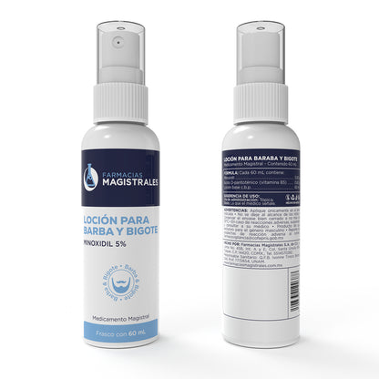 Vista frontal y posterior de loción para barba y bigote con Minoxidil 5% de Farmacias Magistrales