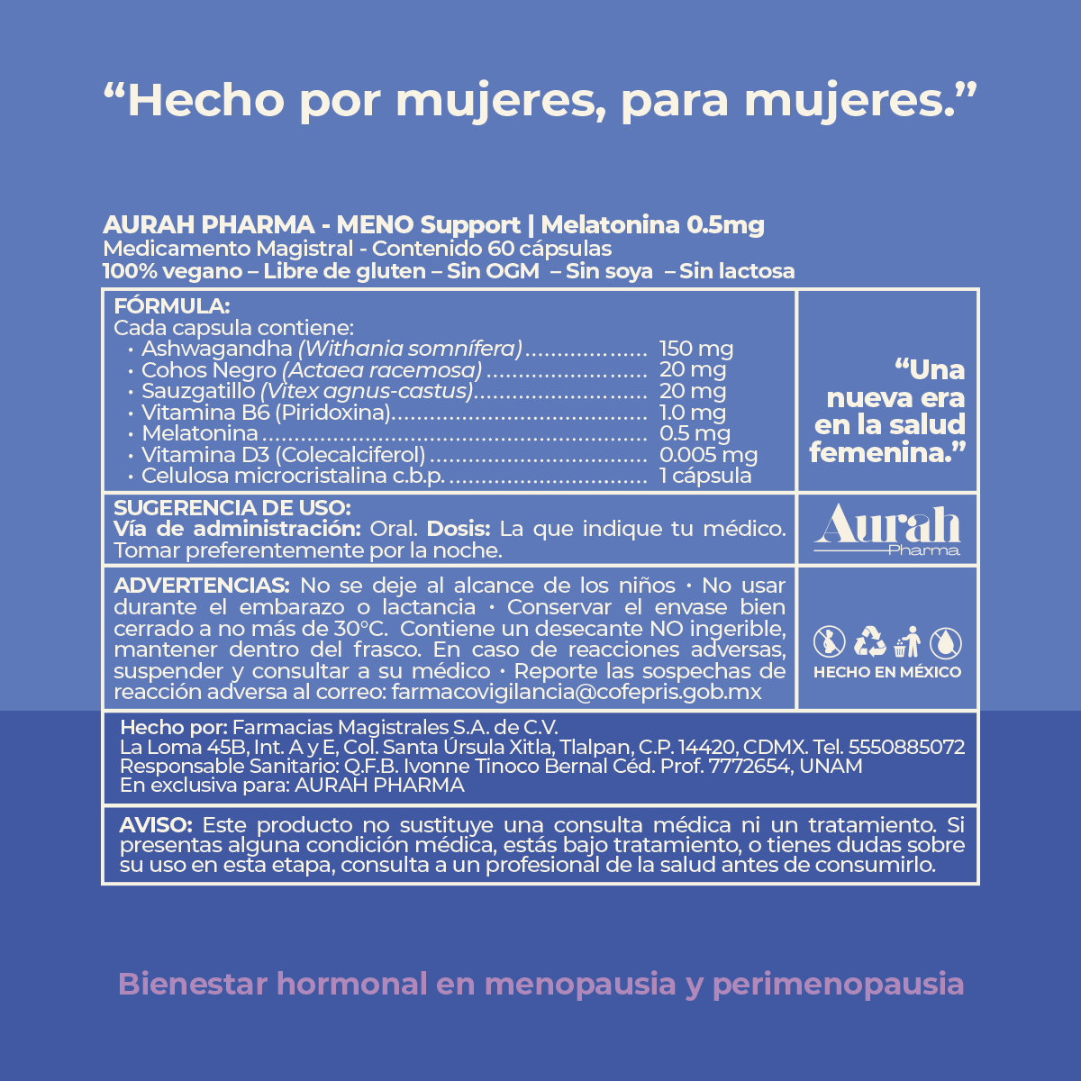 Información de fórmula y beneficios del suplemento MENO Salud Menopausia de Aurah Pharma para bienestar hormonal femenino