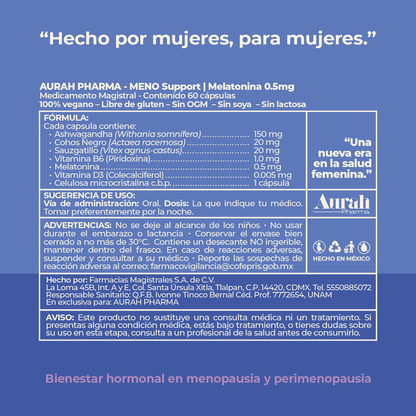 Información de fórmula y beneficios del suplemento MENO Salud Menopausia de Aurah Pharma para bienestar hormonal femenino