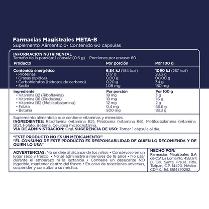 Fórmula, ingredientes, modo de uso y precauciones de Meta B de Farmacias Magistrales fabricado en México.
