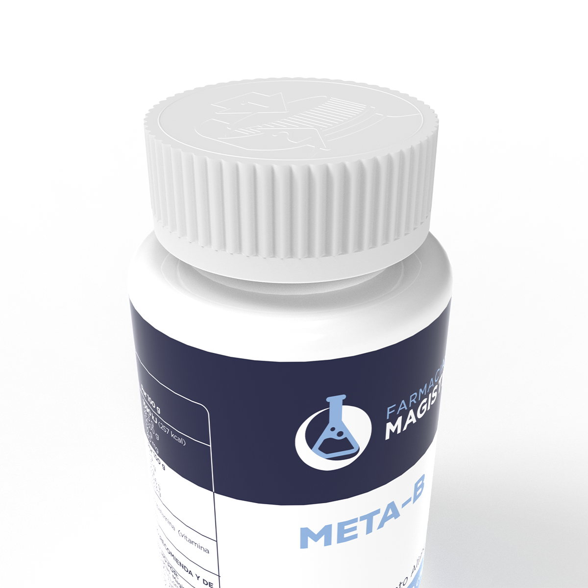Vista superior del frasco META-B de Farmacias Magistrales con diseño premium de suplemento alimenticio sobre fondo gris claro