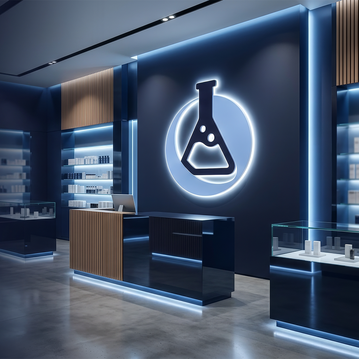 Concepto de farmacia premium para franquicia farmacéutica, diseñado para emprendedores e inversionistas del sector salud con respaldo profesional.
