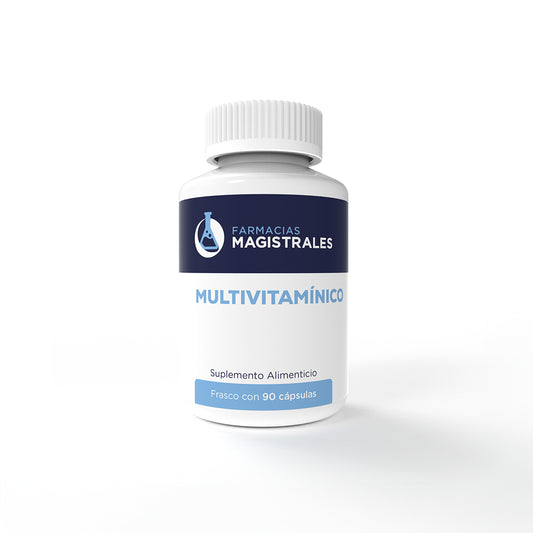 Frasco de multivitamínico de Farmacias Magistrales en presentación de 90 cápsulas sobre fondo gris claro