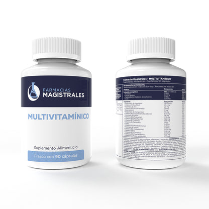 Frasco multivitamínico de Farmacias Magistrales con vista frontal y trasera en presentación de 90 cápsulas