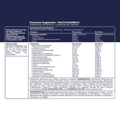Fórmula, modo de uso y precauciones del Multivitamínico de Farmacias Magistrales fabricado en México.