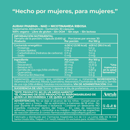 Información nutrimental y fórmula de NAD+ con nicotinamida ribosa para energía celular y vitalidad femenina de Aurah Pharma