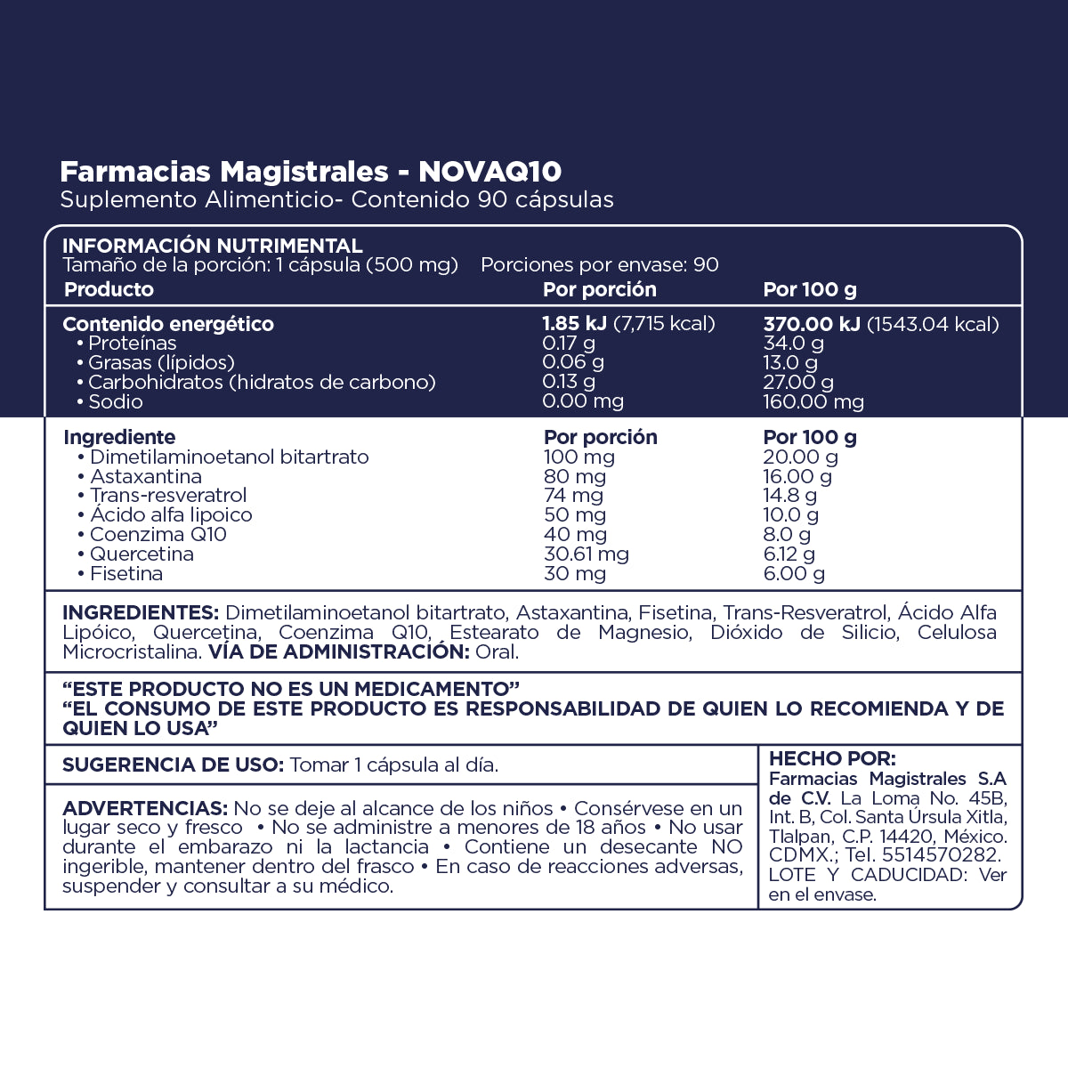 Fórmula, ingredientes, modo de uso y precauciones de NovaQ10 de Farmacias Magistrales fabricado en México.