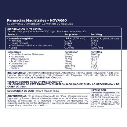 Fórmula, ingredientes, modo de uso y precauciones de NovaQ10 de Farmacias Magistrales fabricado en México.