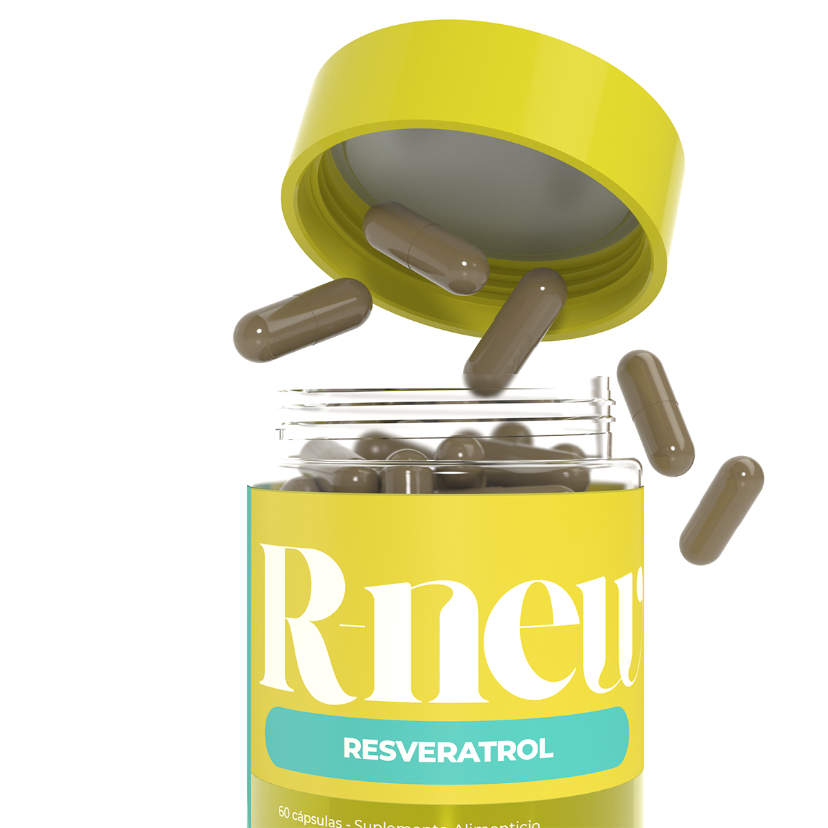 Detalle de cápsulas del suplemento R-NEW Resveratrol de Aurah Pharma con envase premium abierto y diseño wellness moderno