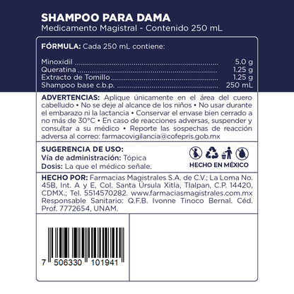 Fórmula, modo de uso y precauciones del Shampoo Dama Minoxidil 2% de Farmacias Magistrales fabricado en México.