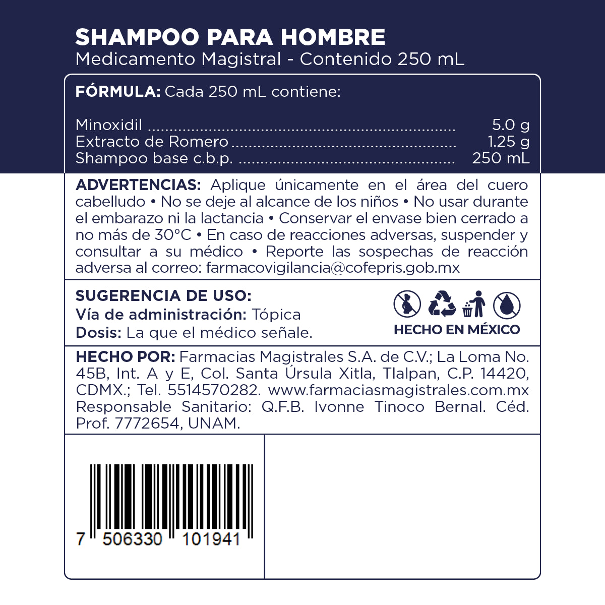 Fórmula, ingredientes, modo de uso y precauciones del Shampoo Hombre Minoxidil 2% de Farmacias Magistrales fabricado en México.