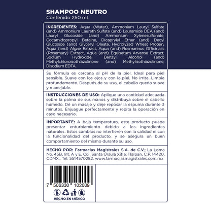 Fórmula, ingredientes, modo de uso y precauciones del Shampoo Neutro de Farmacias Magistrales fabricado en México.