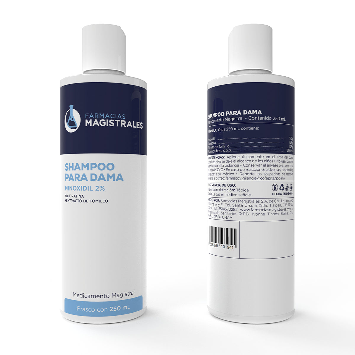 Vista frontal y posterior del Shampoo para Dama con Minoxidil 2 por ciento, queratina y extracto de tomillo