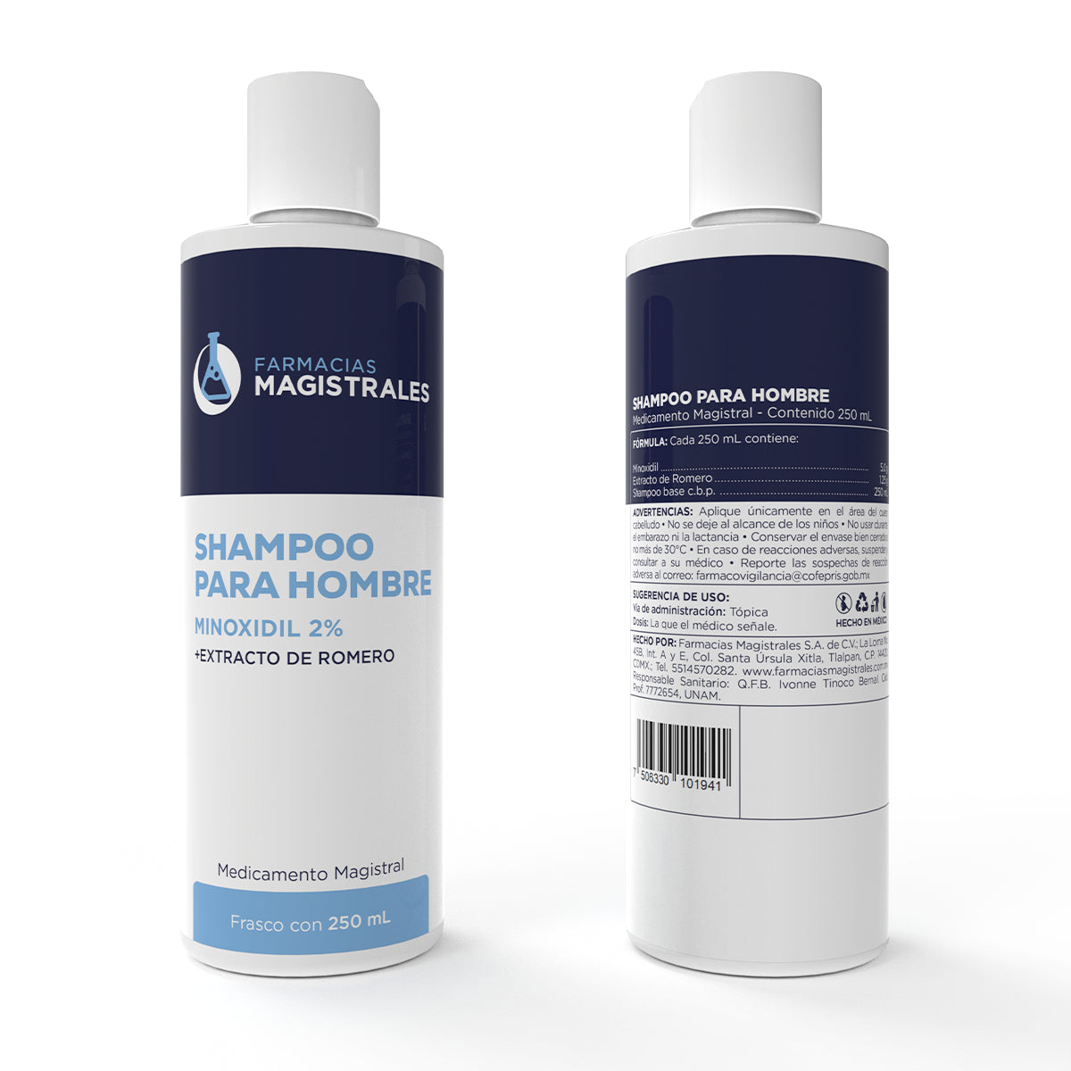 Shampoo para hombre con minoxidil 2 por ciento y extracto de romero de Farmacias Magistrales en presentación de 250 mL