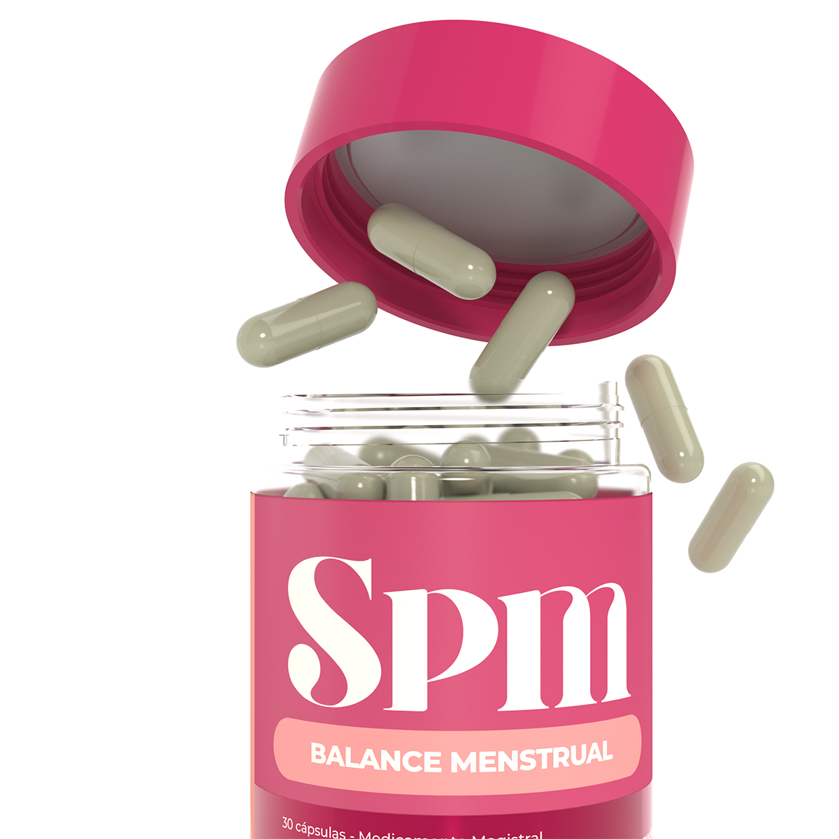 Cápsulas del suplemento SPM Balance Menstrual de Aurah Pharma para apoyo hormonal femenino y bienestar durante el ciclo menstrual